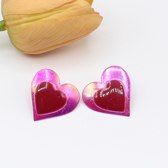 Vintage Jewelry - Vintage pink enamel heart earrings